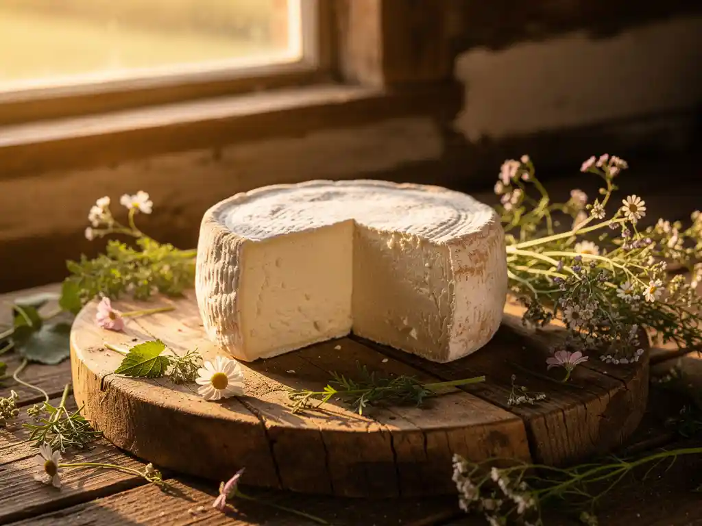 Artisanale geitenkaas met natuurlijke korst op verweerde houten planken, omringd door verse kruiden en wilde bloemen