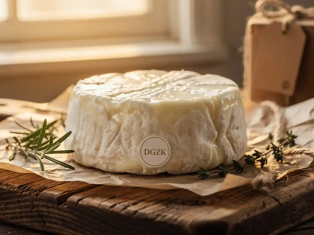 Artisanale geitenkaas met DGZK-certificaat op houten snijplank met verse kruiden en duurzame verpakking in boerderijkeuken
