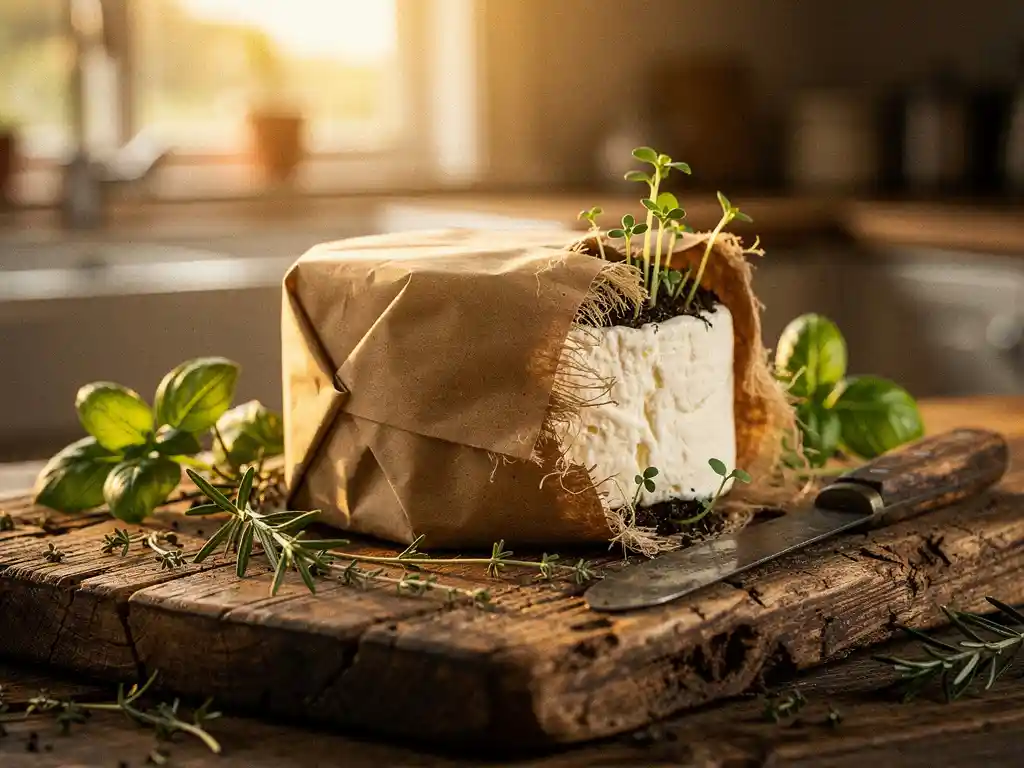 Artisanale geitenkaas in biologisch afbreekbaar kraftpapier op houten snijplank met verse kruiden en kaasmes