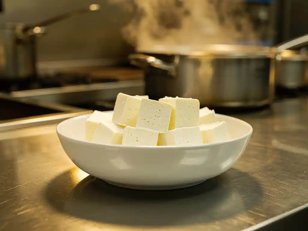 Witte keramische kom gevuld met blokjes geitenkaas op roestvrijstalen keukenblad in professionele keuken