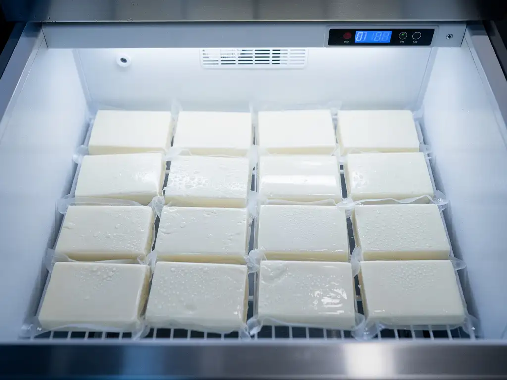 Vacuümverpakte geitenkaas wrongel blokken netjes gerangschikt in witte vriezer met condensdruppels en temperatuurweergave