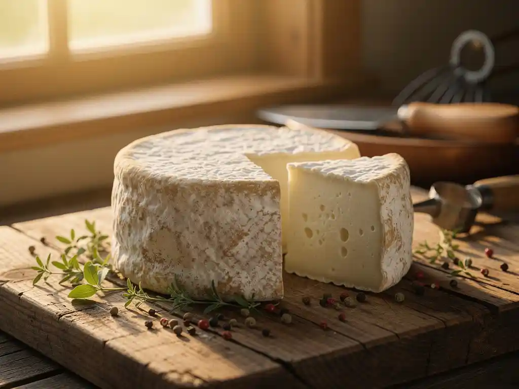 Gerijpte geitenkaas met natuurlijke korst op houten snijplank, mes onthult romige witte binnenkant, kruiden en peperkorrels