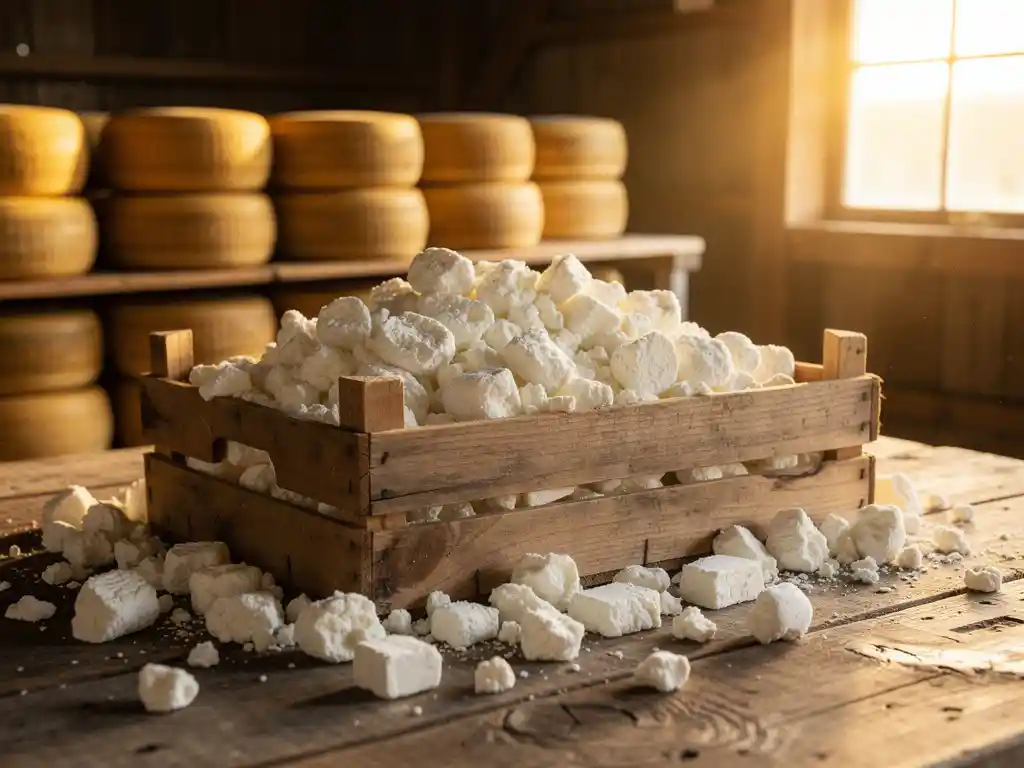 Houten kratten vol witte geitenkaas kruimels op rustieke boerderijstafel, Nederlandse kaaswielen op achtergrond
