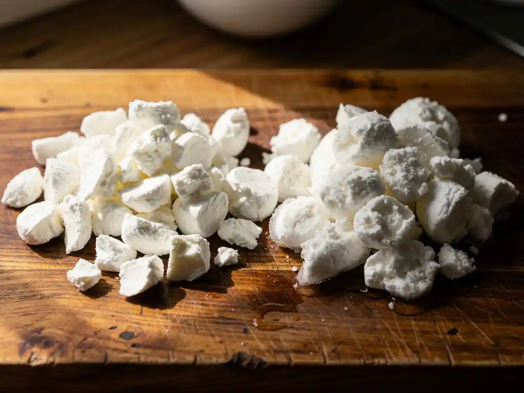Verse witte geitenkaas kruimels naast gedeeltelijk ontdooide kruimels op houten snijplank, textuurverschillen zichtbaar