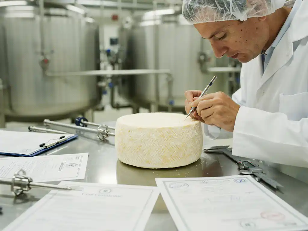 Voedselinspecteur in witte jas onderzoekt gerijpte geitenkaas op roestvrijstalen tafel met certificeringsdocumenten en kwaliteitscontrole-instrumenten