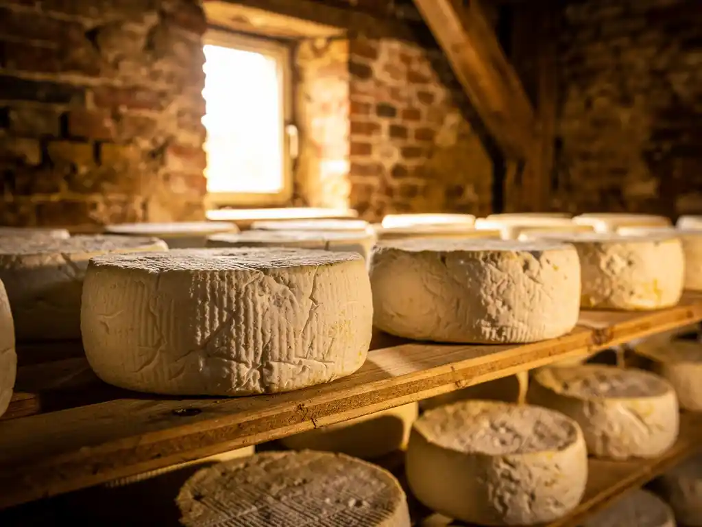 Houten kaasrek met ronde witte geitenkazen in rustieke Nederlandse boerderijkelder met bakstenen muren en warm licht