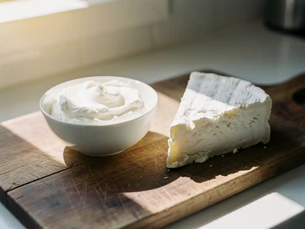 Witte keramische kom met romige geitenkaas spread naast verse geitenkaaswedge op rustieke houten snijplank in ochtendlicht