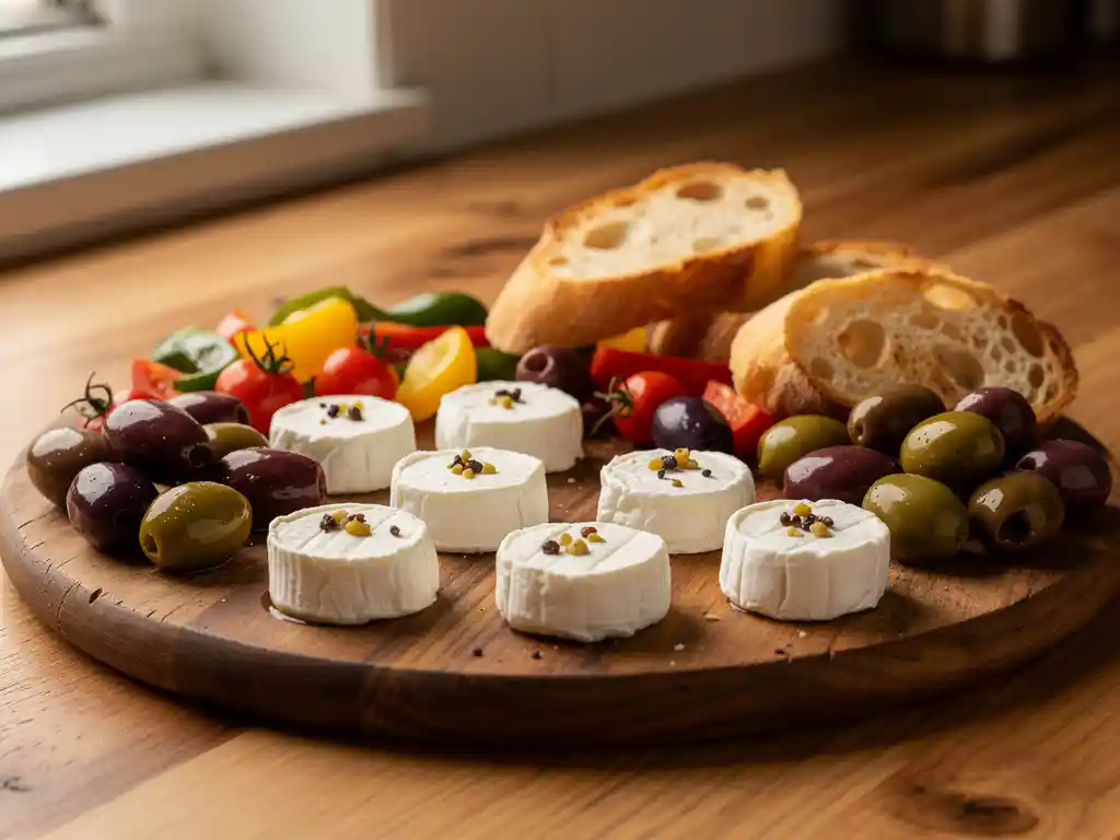 Kleine ronde geitenkaas porties op rustieke houten tapasplank met mediterrane groenten, olijven en knapperig brood