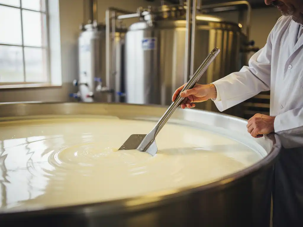 Kwaliteitscontroleur test geitenmelk met professionele lepel in roestvrijstalen tank in moderne zuivelfabriek
