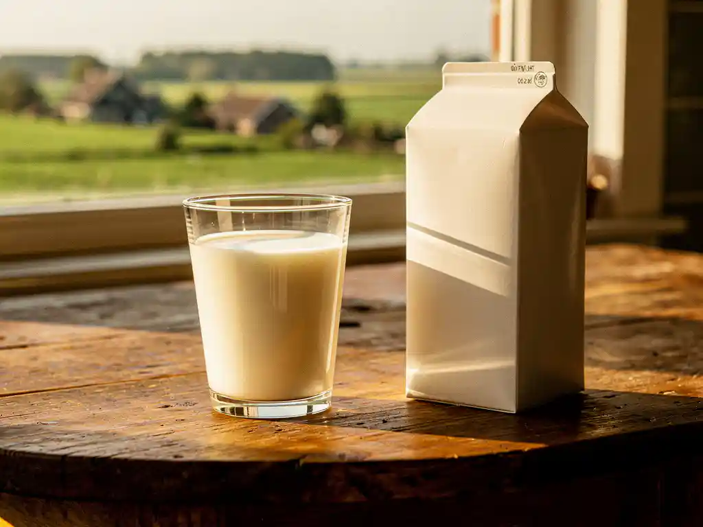 Glas verse geitenmelk en UHT-pak op rustieke houten tafel in Nederlandse boerenkeuken bij ochtendlicht