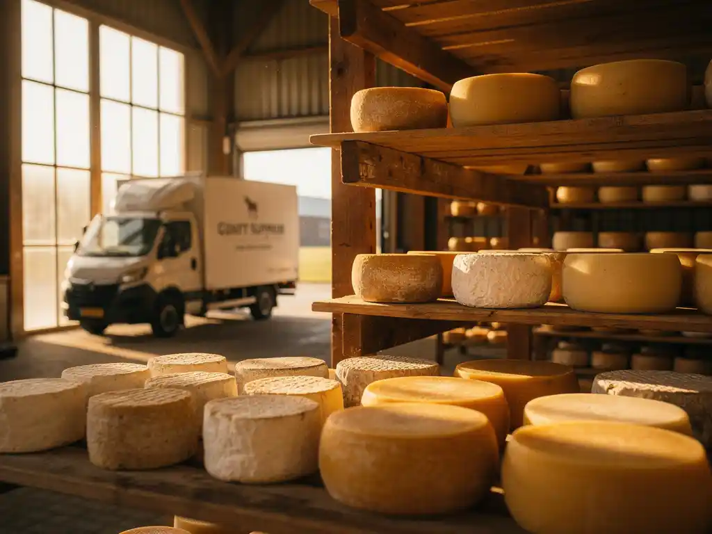 Leveringswagen geparkeerd bij Nederlandse kaasmakerij met artisanale kaaswielen op houten rijpingsplanken in warme middag