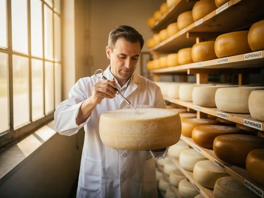 Kaasmaker in witte jas onderzoekt gerijpte geitenkaas met traditionele kaastester in Nederlandse rijpingskamer
