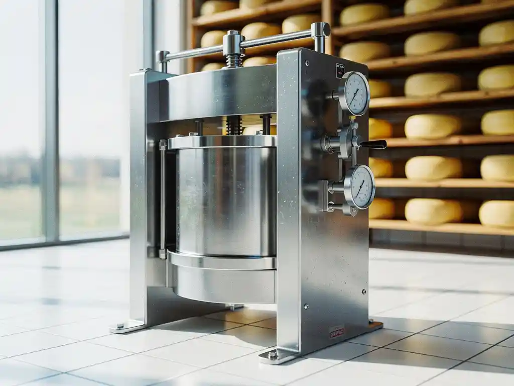 Roestvrijstalen industriële kaaspers met precisie meters in moderne zuivelfabriek met natuurlijk licht