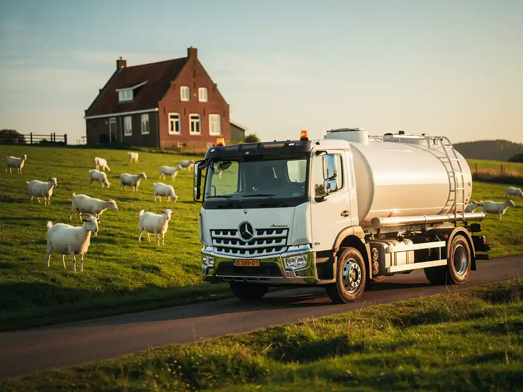 Witte melktankwagen geparkeerd naast groene weilanden met grazende geiten en traditioneel Nederlands boerenhuis