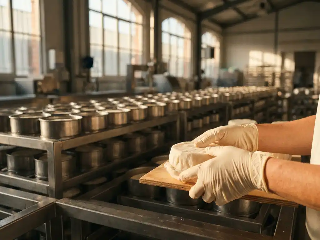 Handgemaakte geitenkaaswieltje in gehandschoende handen, rijen kaasmallen op roestvrijstalen rekken op de achtergrond in ambachtelijke zuivelfabriek.