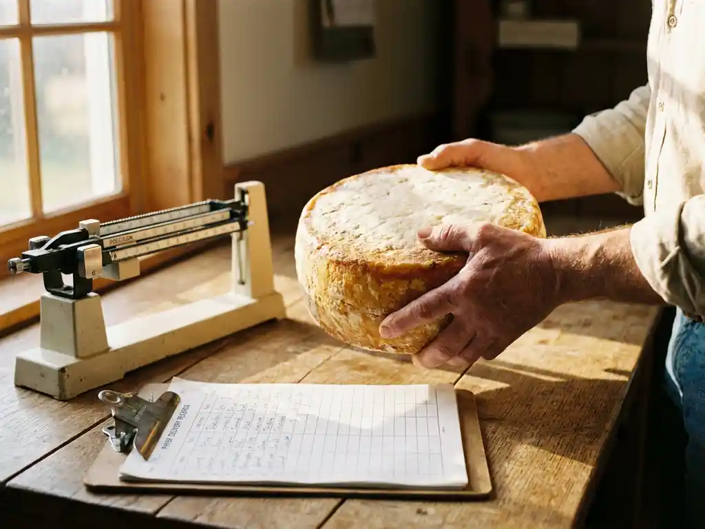 Verweerde handen die een wiel gerijpte geitenkaas inspecteren op een rustieke houten tafel met weegschaal en afleveringsnotities.