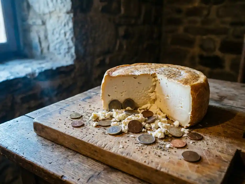 Doorgesneden wiel gerijpte geitenkaas op houten snijplank met euromunten in verkruimelde kaas, rustieke kaaskelder op achtergrond.
