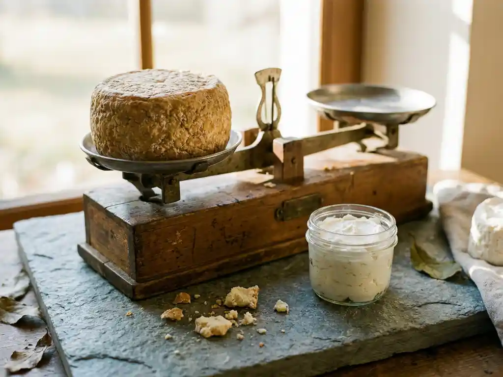 Gerijpte geitenkaas op een houten weegschaal naast een glazen pot verse chèvre op een stenen zuiveloppervlak in zacht natuurlijk licht.