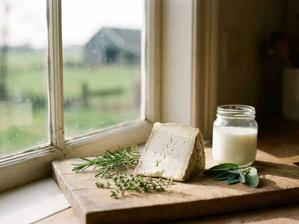 Ambachtelijke geitenkaas op verweerd houten plank met verse kruiden, melkglas en groene weilanden op achtergrond.