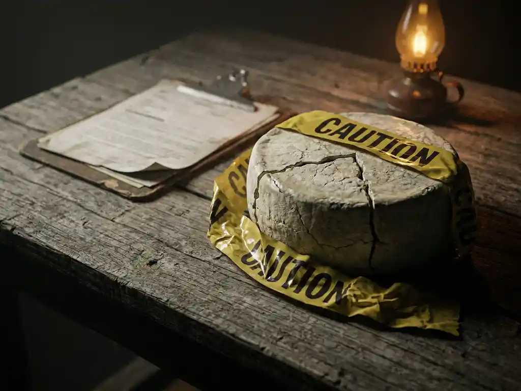 Gebarsten wiel premium geitenkaas op rustiek hout met geel waarschuwingslint en omgekeerd klembord, dramatisch zijlicht.