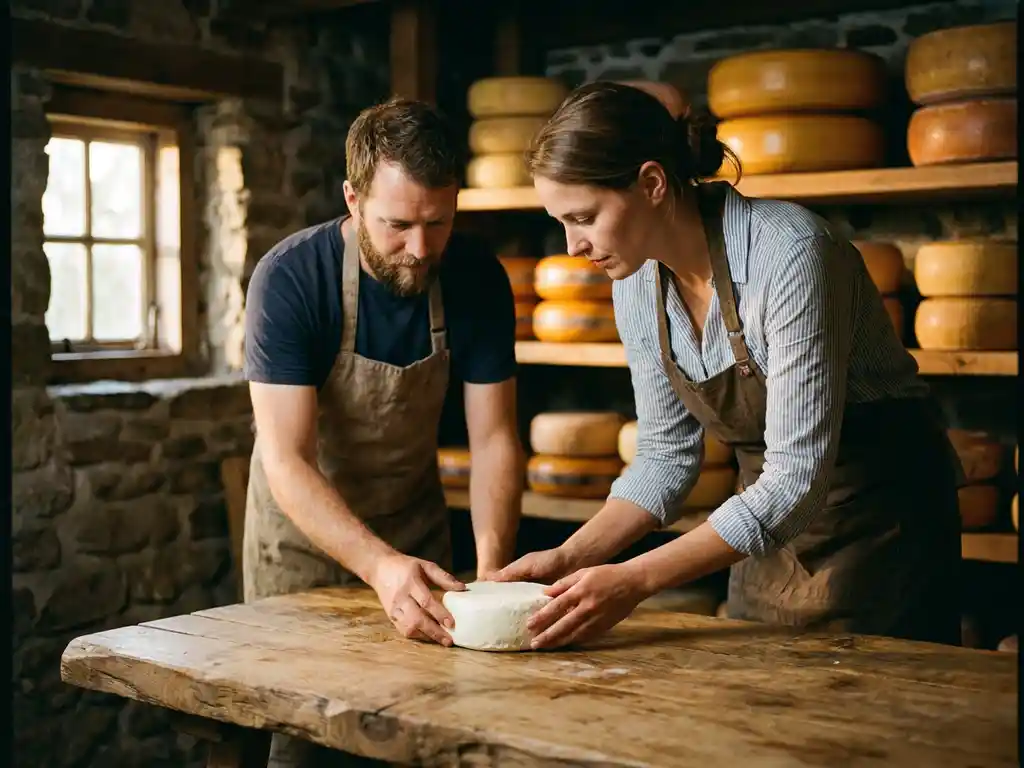 Kaasmakster en koper onderzoeken samen een verse ronde geitenkaas op rustieke houten tafel in traditionele Nederlandse kaasmakerij.
