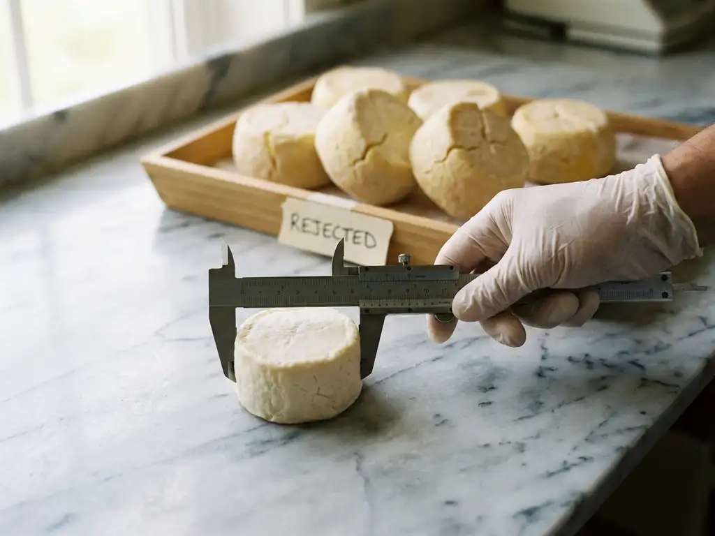 Handgeschoenede kaasmaker meet een zachte geitenkaasschijf met een schuifmaat op marmeren ondergrond.