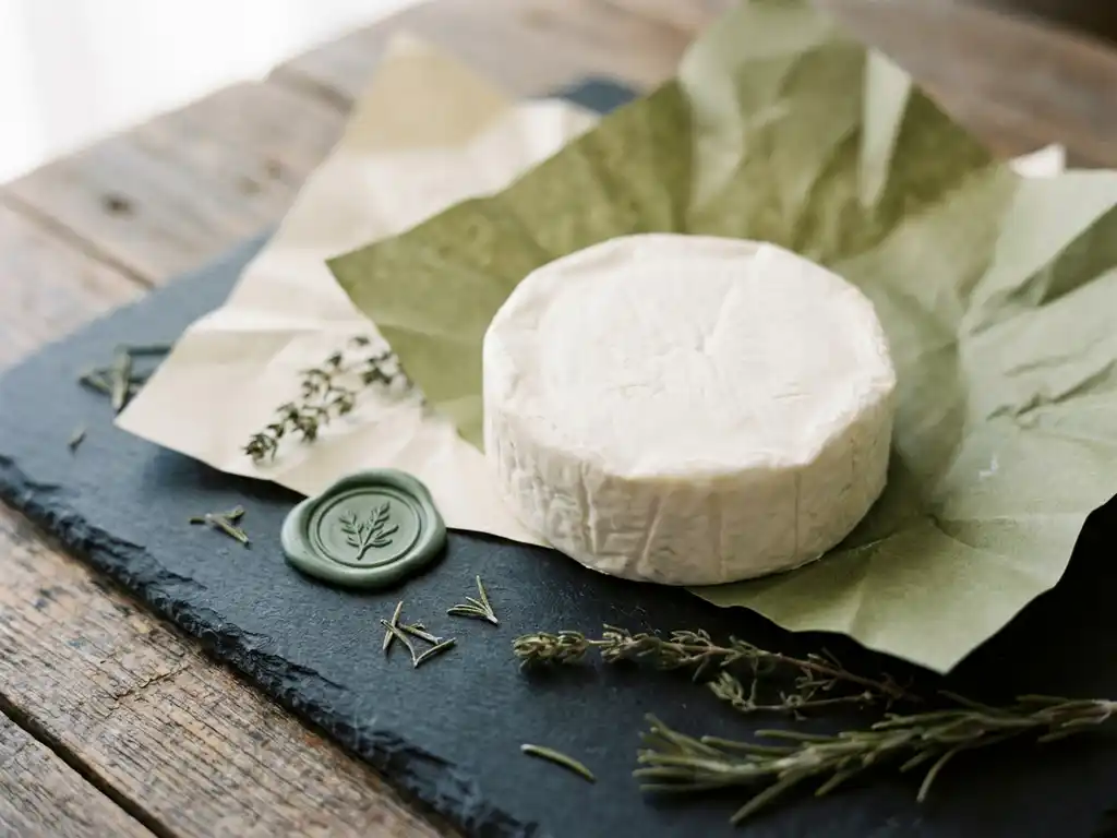 Ronde zachte geitenkaas op een leistenen plank, omringd door kraftpapier, wasszegel en gedroogde kruiden op rustieke houten tafel.