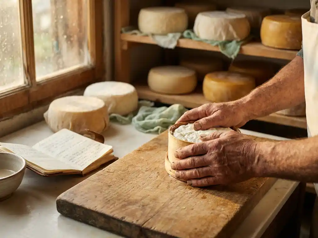 Verweerde handen van een kaasmaker die verse geitenkaas in een rustieke vorm drukt, omringd door ambachtelijke kaasronden op een houten plank.