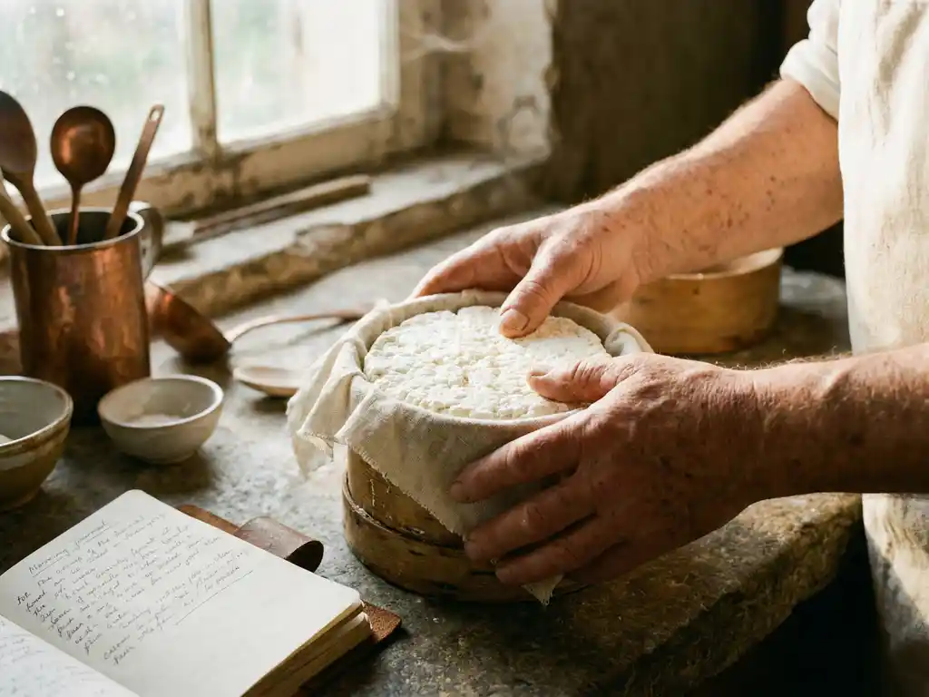 Verweerde handen van een kaasmaker die verse witte geitenkaas vormt in een houten mal, met koperen gereedschap en receptenboek op stenen ondergrond.