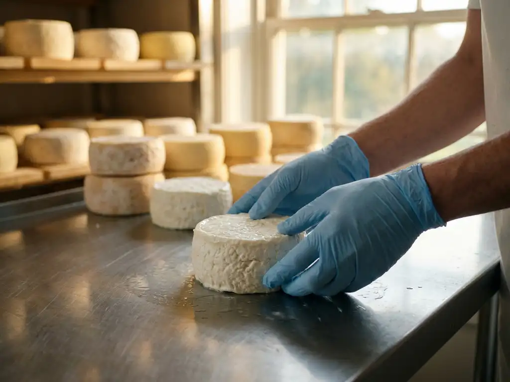 Kaasmakershanden in handschoenen inspecteren een verse witte geitenkaaswiel op roestvrijstalen oppervlak, omringd door rijpende ronden in zachte ochtendlicht.
