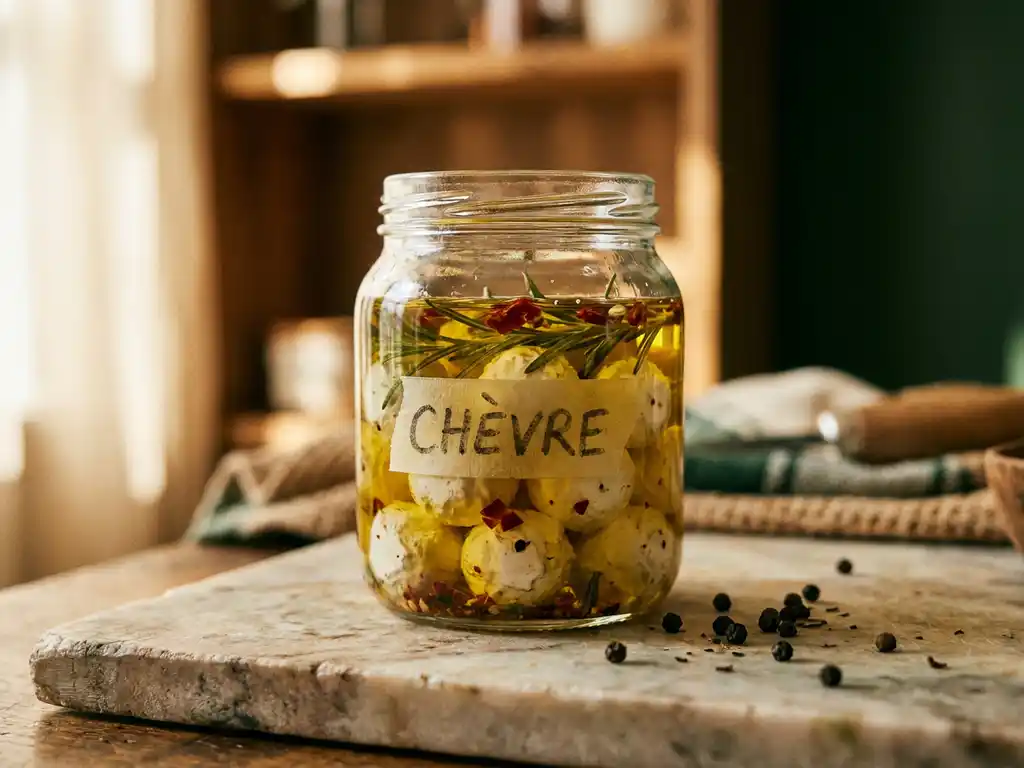Glazen pot met geitenkaasbolletjes in kruidenolijfolie met rozemarijn en chilivlokken op marmeren ondergrond.