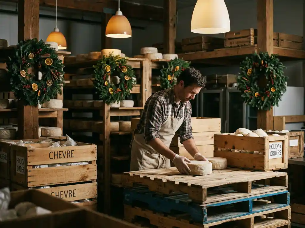 Magazijnmedewerker stapelt verse geitenkaaswielen op houten pallets in een ambachtelijke zuivelfaciliteit versierd met kerstkransen.