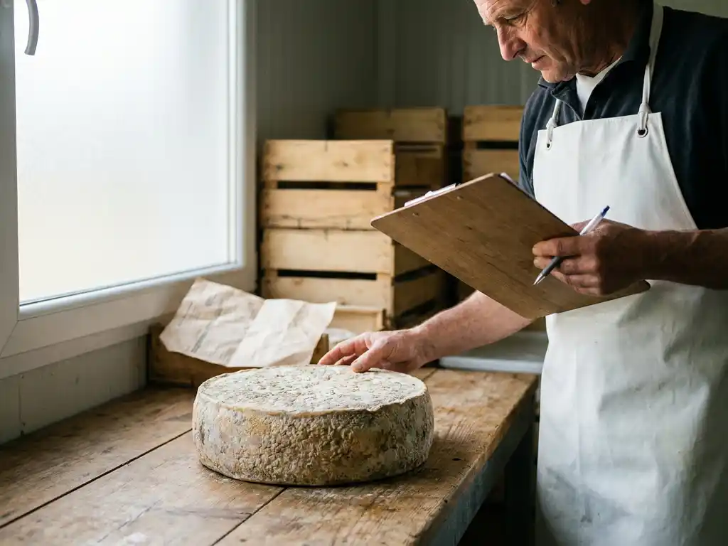 Kaasmakker in wit schort inspecteert wiel gerijpte geitenkaas op houten werktafel met klembord en leveringsformulier.