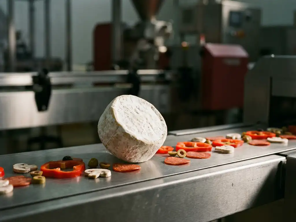 Wiel verse geitenkaas op zijn kant op een roestvrijstalen productieband, omringd door pizzatoppings en een stilstaande lijn op de achtergrond.