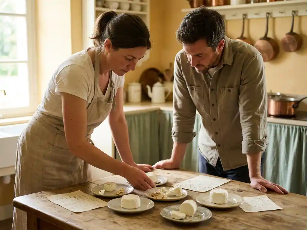 Cheesemaker en productontwikkelaar beoordelen zachte geitenkazen op een rustieke houten tafel met handgeschreven receptnotities in een zonnige boerenkeukens.