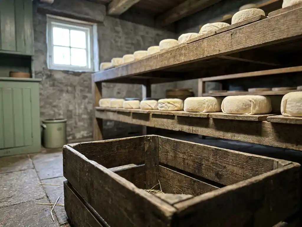 Verweerde eikenhouten rijpingsplank met ronden zachte geitenkaas in een rustieke Nederlandse kelderruimte, lege houten krat op voorgrond.